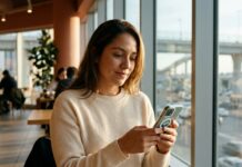 Anchorage Digital y Bitso impulsan remesas con stablecoins Mujer en una cafetería junto a la ventana mirando un teléfono con pantalla iluminada (imagen generada por IA)