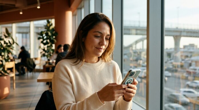 Mujer en una cafetería junto a la ventana mirando un teléfono con pantalla iluminada (imagen generada por IA)
