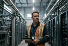 Mineros de Bitcoin impulsan un mercado para la computación e IA Ingeniero con chaleco reflectante en el pasillo de un centro de datos industrial (imagen generada por IA)