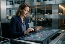 XRP Ledger propone cuentas sin saldo para pagos con stablecoins Mujer en oficina moderna frente a una pantalla de vidrio con nodos iluminados (imagen generada por IA)