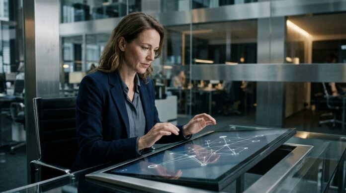 Mujer en oficina moderna frente a una pantalla de vidrio con nodos iluminados (imagen generada por IA)