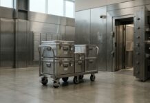 Alerta de seguridad cripto: movimientos de 3.500 millones Cajas de seguridad metálicas apiladas sobre un carro en la entrada de una bóveda de acero (imagen generada por IA)