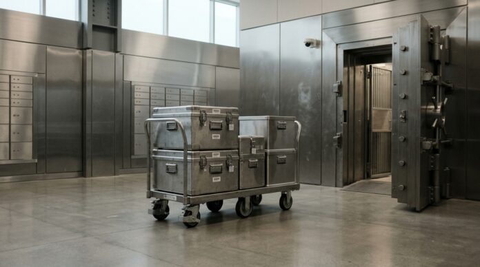 2026-10-30_agent_a509b414-80da-4ac2-a486-d92823046c12_1793319705237 Cajas de seguridad metálicas apiladas sobre un carro en la entrada de una bóveda de acero (imagen generada por IA)